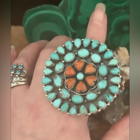 Turquoise spiny oyster statement huge southwestern, Sterling silver ring - Picture 2 of 10